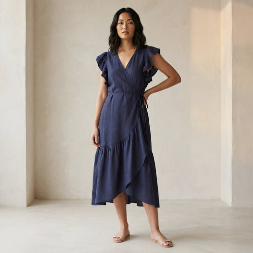 Navy Blue Cotton Linen Ruffle Midi Wrap Dress