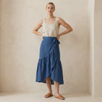Navy Blue Cotton Linen Ruffle Midi Wrap Skirt