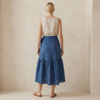 Navy Blue Cotton Linen Ruffle Midi Wrap Skirt