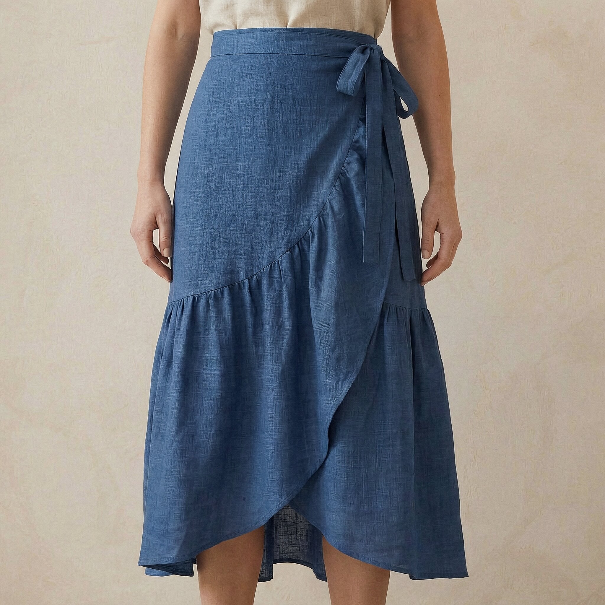 Navy Blue Cotton Linen Ruffle Midi Wrap Skirt