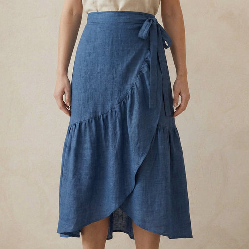Navy Blue Cotton Linen Ruffle Midi Wrap Skirt