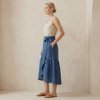 Navy Blue Cotton Linen Ruffle Midi Wrap Skirt