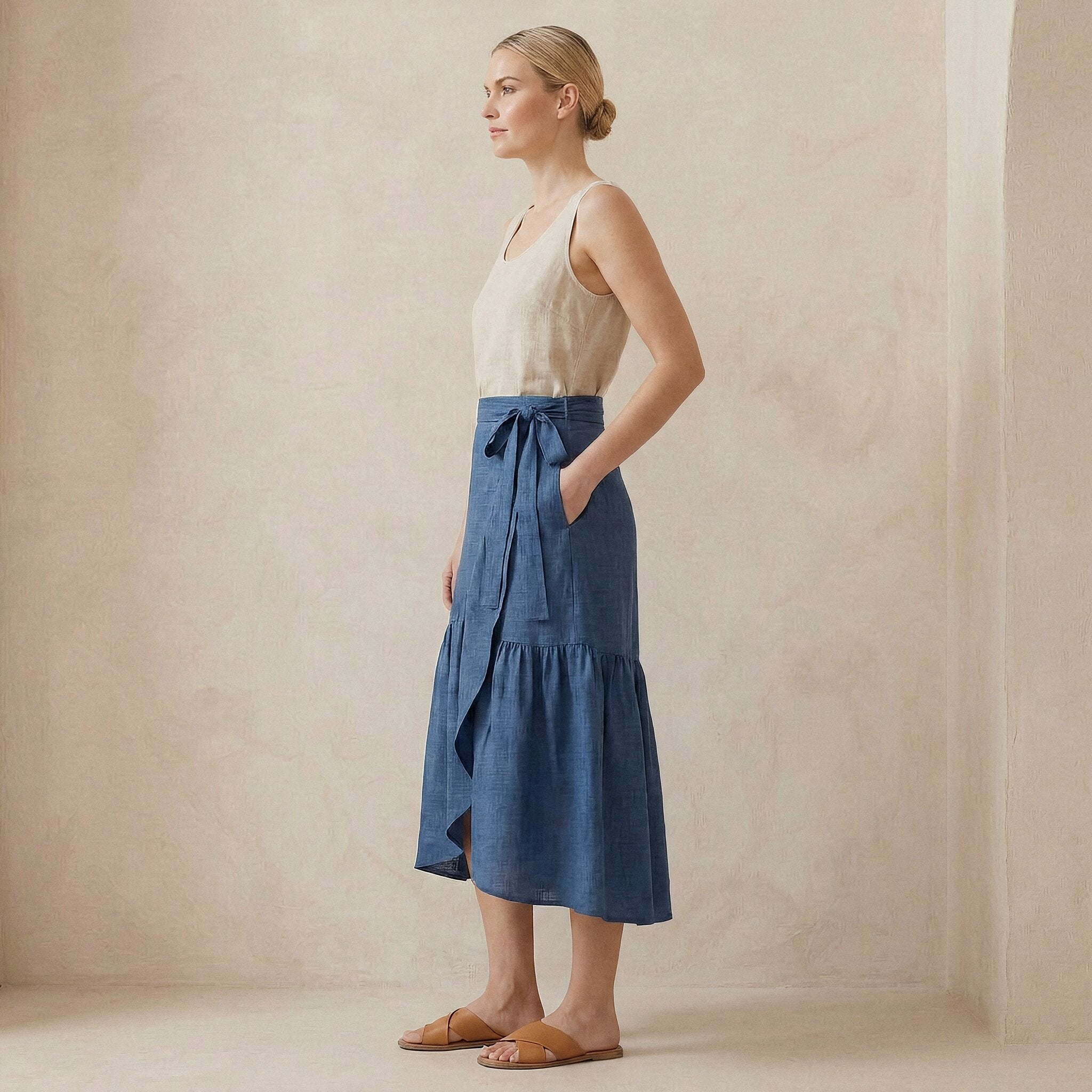 Navy Blue Cotton Linen Ruffle Midi Wrap Skirt