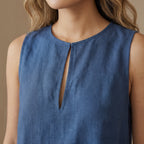 Navy Blue Cotton Linen Sleeveless A-Line Short Shift Dress