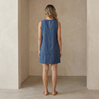 Navy Blue Cotton Linen Sleeveless A-Line Short Shift Dress