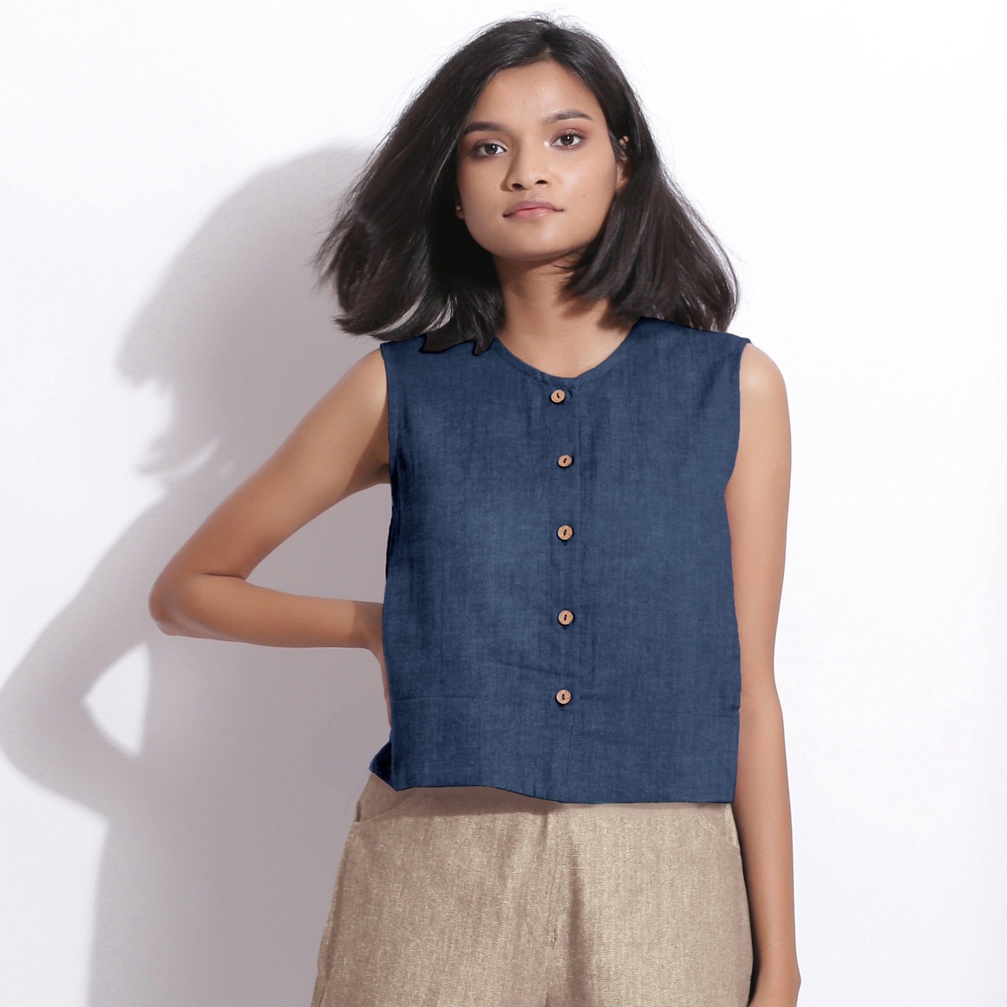 Navy Blue Cotton Linen Sleeveless Button-Down Shirt