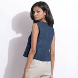 Navy Blue Cotton Linen Sleeveless Button-Down Shirt