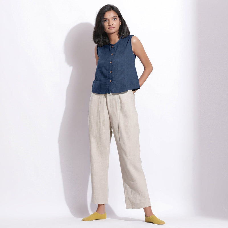 Navy Blue Cotton Linen Sleeveless Button-Down Shirt