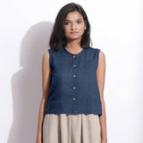 Navy Blue Cotton Linen Sleeveless Button-Down Shirt