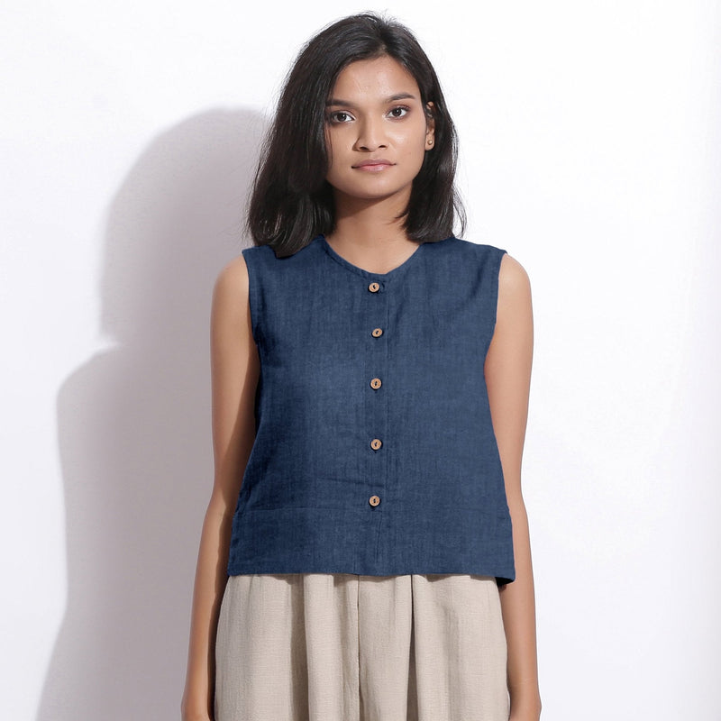 Navy Blue Cotton Linen Sleeveless Button-Down Shirt