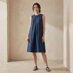 Navy Blue Cotton Linen Sleeveless Paneled Swing Dress