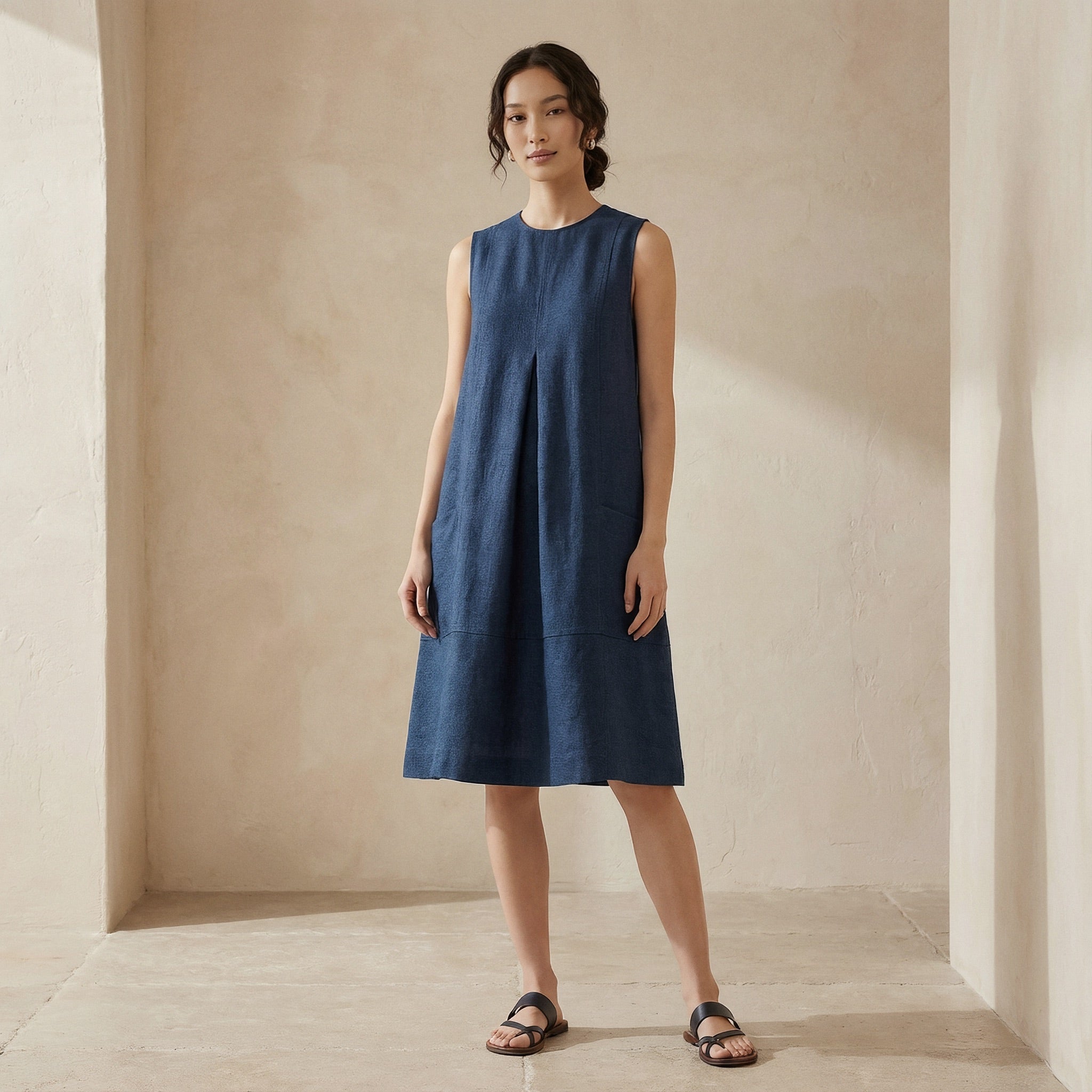 Navy Blue Cotton Linen Sleeveless Paneled Swing Dress