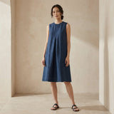 Navy Blue Cotton Linen Sleeveless Paneled Swing Dress