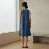 Navy Blue Cotton Linen Sleeveless Paneled Swing Dress