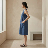 Navy Blue Cotton Linen Sleeveless Paneled Swing Dress