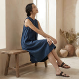 Navy Blue Cotton Linen Sleeveless Paneled Swing Dress