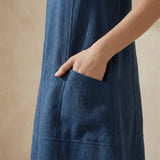 Navy Blue Cotton Linen Sleeveless Paneled Swing Dress