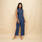 Navy Blue Cotton Linen Sleeveless Princess Line Jumpsuit