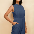 Navy Blue Cotton Linen Sleeveless Princess Line Jumpsuit