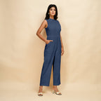 Navy Blue Cotton Linen Sleeveless Princess Line Jumpsuit
