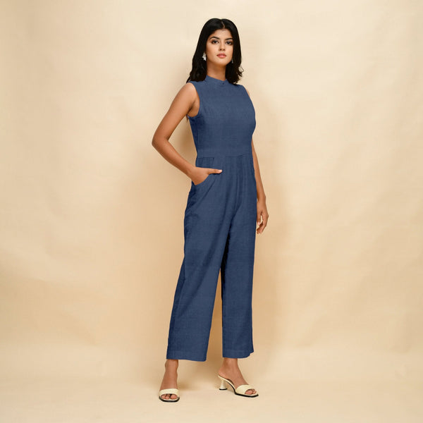 Navy Blue Cotton Linen Sleeveless Princess Line Jumpsuit