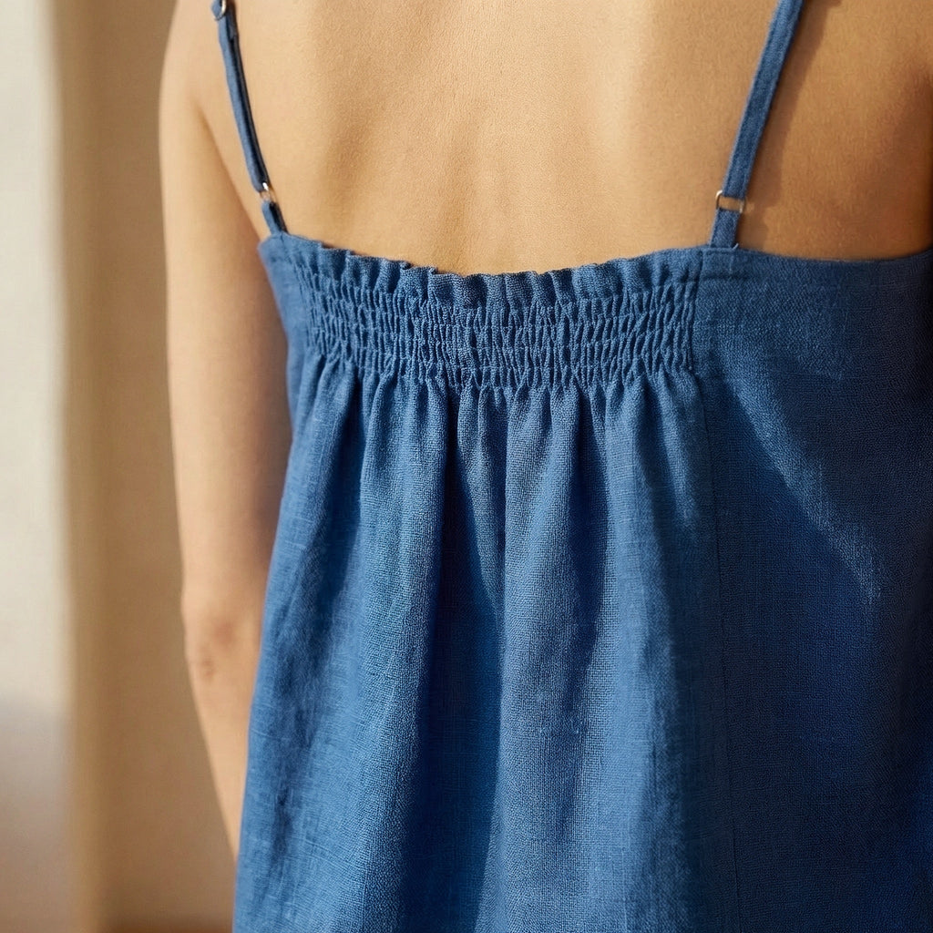 Navy Blue Cotton-Linen Spaghetti Strap Top with Elastic Gathered Back
