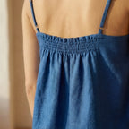 Navy Blue Cotton-Linen Spaghetti Strap Top with Elastic Gathered Back