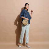 Navy Blue Cotton Linen Split-Neck Tunic Top