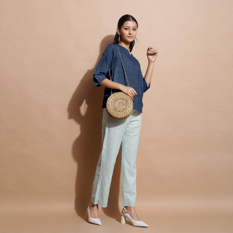 Navy Blue Cotton Linen Split-Neck Tunic Top