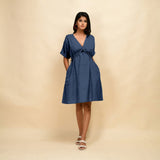 Navy Blue Cotton Linen V-Neck Knee Length Blouson Dress