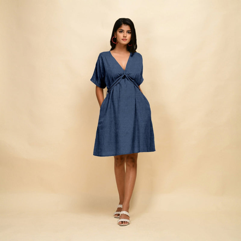 Navy Blue Cotton Linen V-Neck Knee Length Blouson Dress