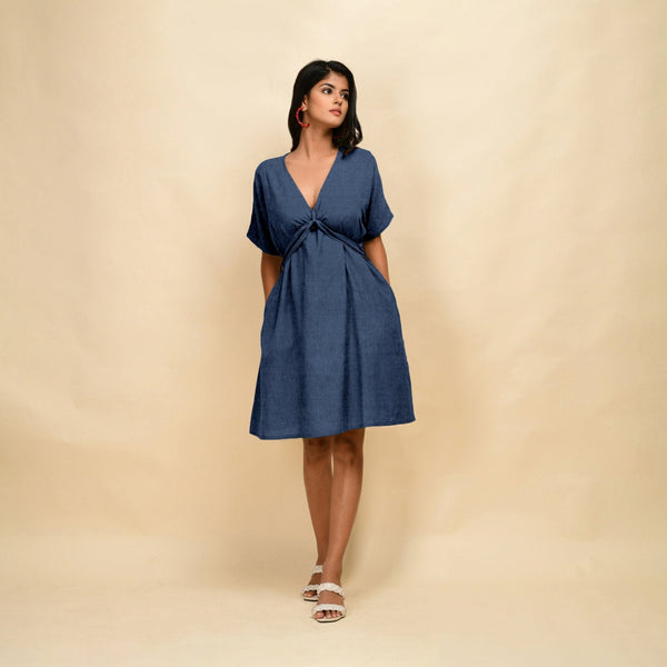 Navy Blue Cotton Linen V-Neck Knee Length Blouson Dress