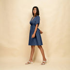 Navy Blue Cotton Linen V-Neck Knee Length Blouson Dress