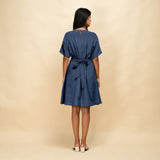 Navy Blue Cotton Linen V-Neck Knee Length Blouson Dress
