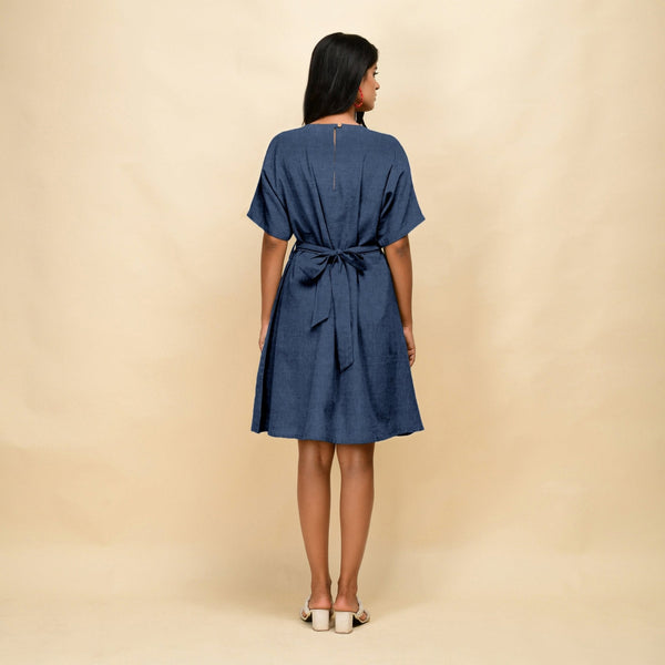 Navy Blue Cotton Linen V-Neck Knee Length Blouson Dress