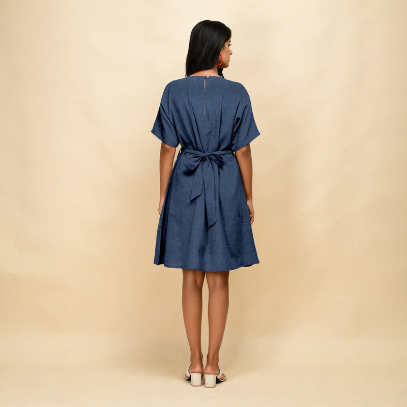 Navy Blue Cotton Linen V-Neck Knee Length Blouson Dress