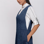 Navy Blue Cotton Linen V-Neck Midi Pinafore Dress