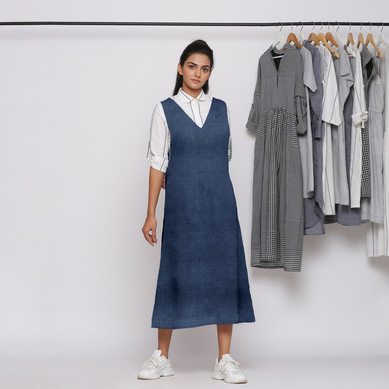 Navy Blue Cotton Linen V-Neck Midi Pinafore Dress