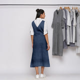 Navy Blue Cotton Linen V-Neck Midi Pinafore Dress