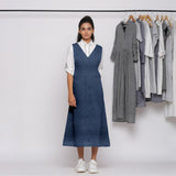 Navy Blue Cotton Linen V-Neck Midi Pinafore Dress