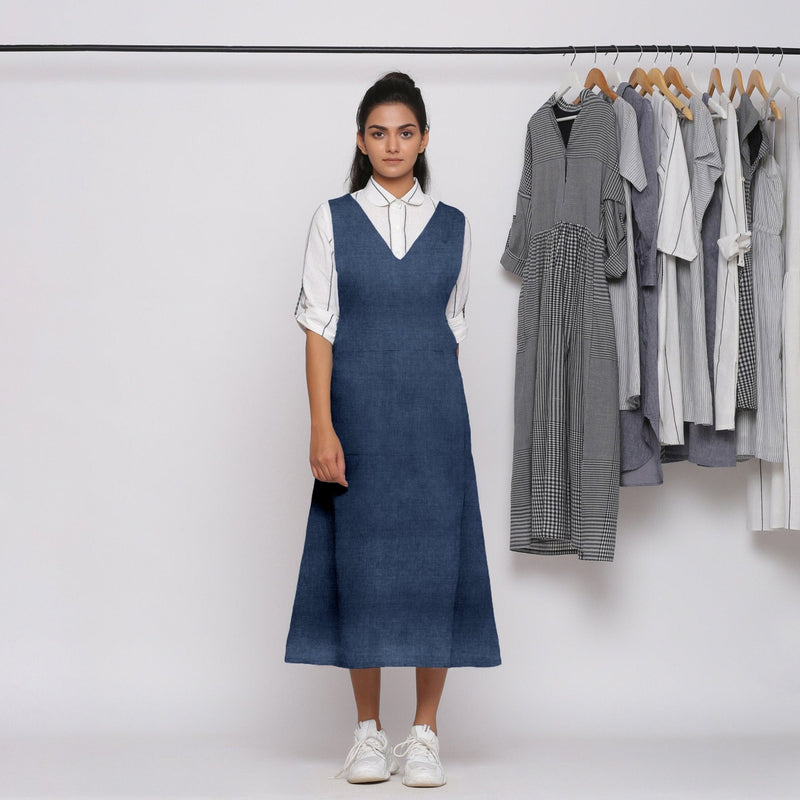 Navy Blue Cotton Linen V-Neck Midi Pinafore Dress