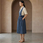 Navy Blue Cotton-Linen V-Neck Pinafore Midi Wrap Dress
