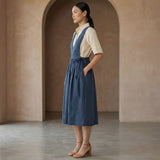Navy Blue Cotton-Linen V-Neck Pinafore Midi Wrap Dress