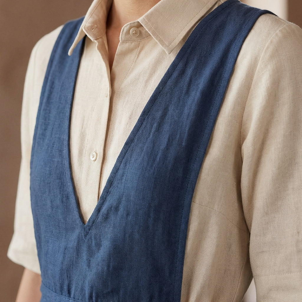 Navy Blue Cotton-Linen V-Neck Pinafore Midi Wrap Dress