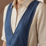 Navy Blue Cotton-Linen V-Neck Pinafore Midi Wrap Dress