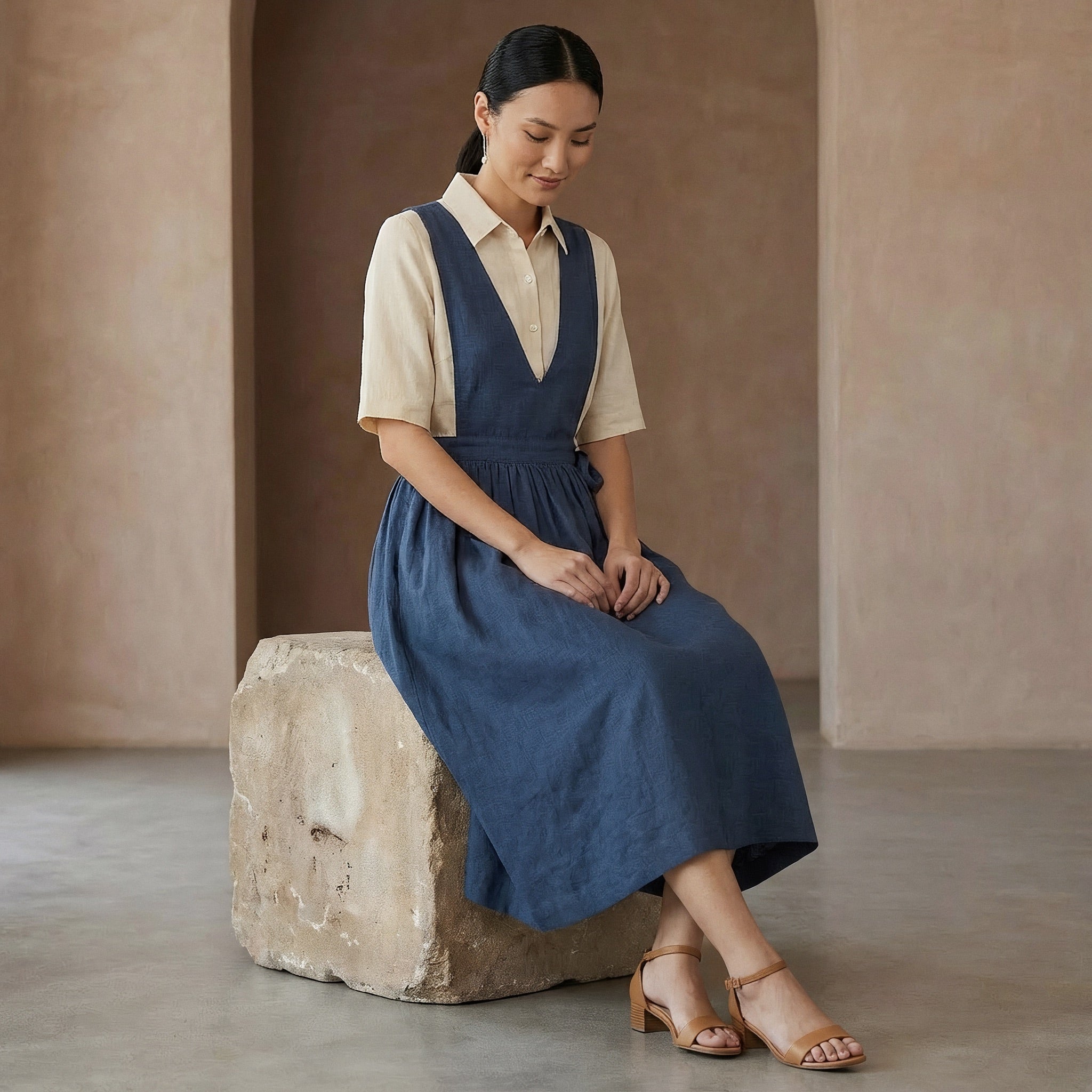 Navy Blue Cotton-Linen V-Neck Pinafore Midi Wrap Dress