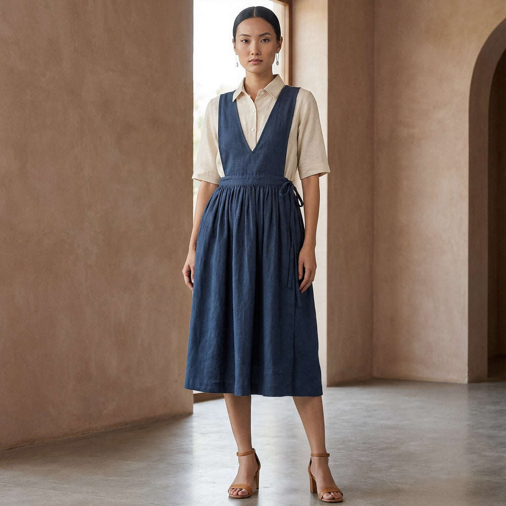 Navy Blue Cotton-Linen V-Neck Pinafore Midi Wrap Dress