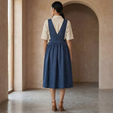 Navy Blue Cotton-Linen V-Neck Pinafore Midi Wrap Dress