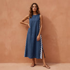 Navy Blue Cotton Linen Wavy Stripe Maxi Shift Dress