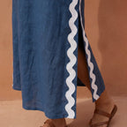 Navy Blue Cotton Linen Wavy Stripe Maxi Shift Dress